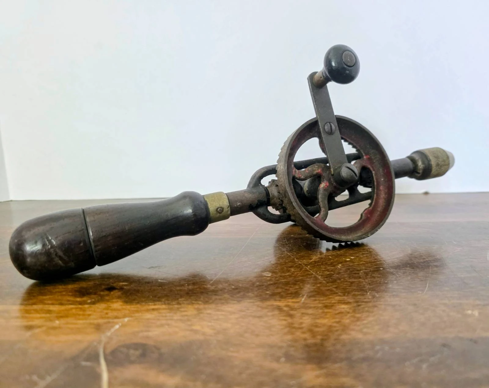 Antique Eggbeater Hand Drill: Vintage Carpentry Tool with Wooden Handle